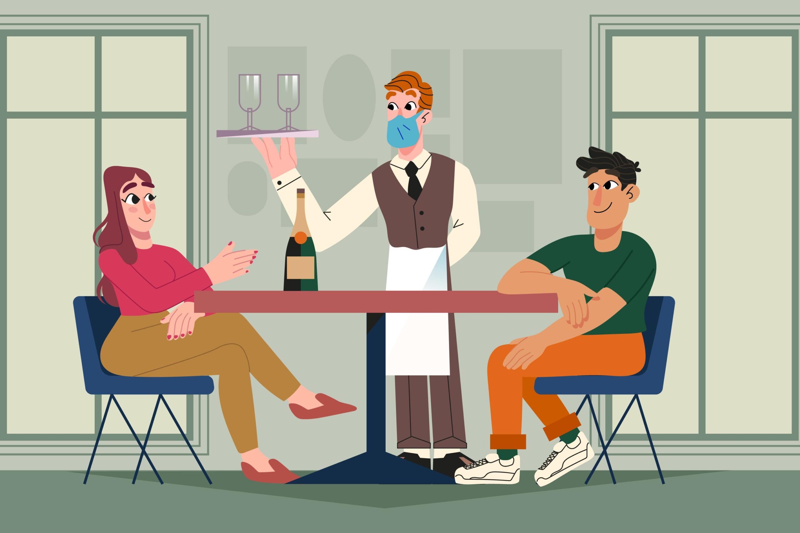 Waiter serving wine glasses to restaurant guests